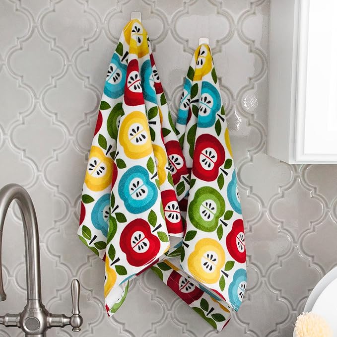 T-Fal Fiber Reactive Print Kitchen Towels: Highly Absorbent, Super Soft - 100% Cotton, 16"x28" Dish Towels for Cleaning & Drying Dishes, Pans, Glassware, or Countertops, 2-Pack, Apples