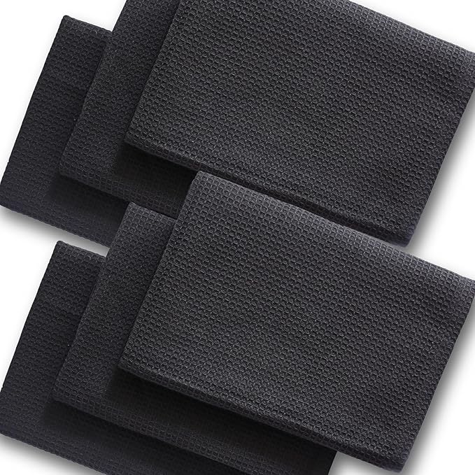 Highly Absorbent Cotton Dish Towels for Drying - Set of 6 Dark Gray Kitchen Towels - 18"X28" Lint Free Waffle Weave Cloth Linen Hand Bathroom Bulk Dishtowels