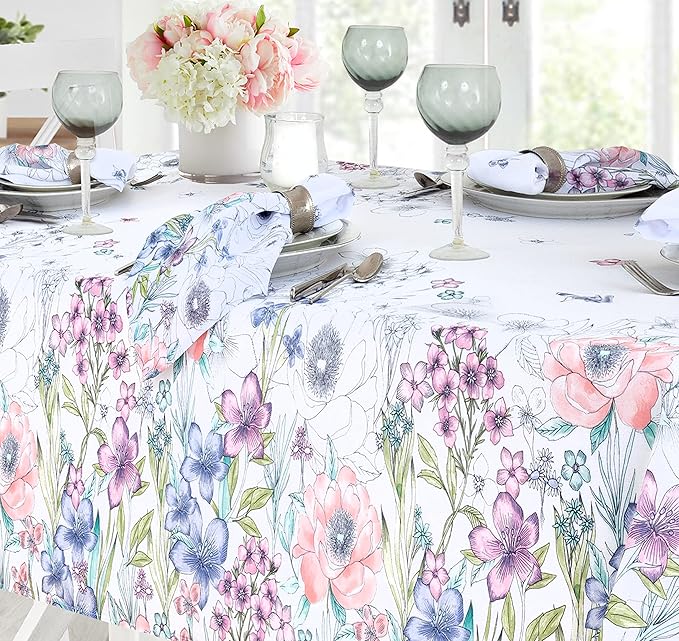 Newbridge Garden Breeze Square Fabric Tablecloth, 52 x 52 Inch, Easy Care and Stain Resistant Fabric Table Cloth for Holiday Party Dining, Sweet Pastel Floral