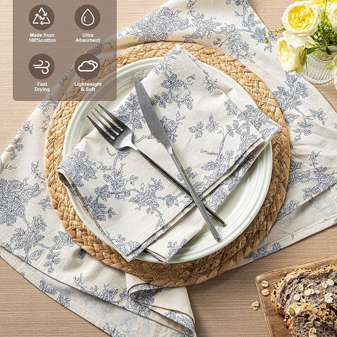 100% Cotton French Pastoral Kitchen Towels Set of 2, Decorative Flour Sack Tea Towels with Hanging Loop 18x25 Inch Absorbent Dish Cloths Farmhouse Home Decor, Blue