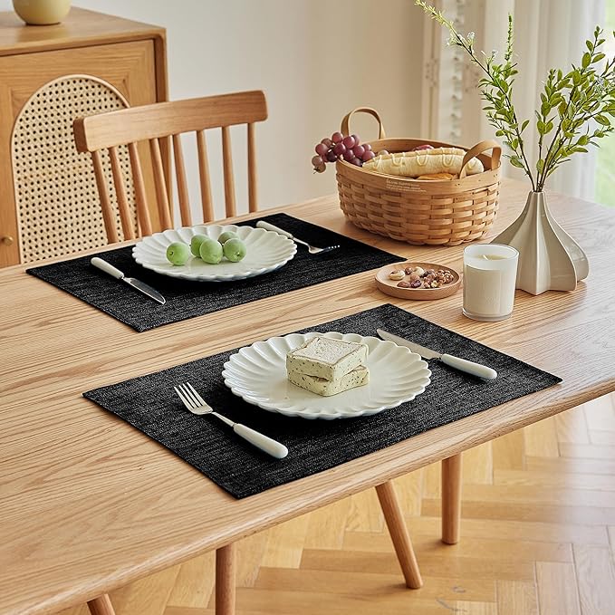 Softalker Faux Linen Placemats Set of 12-12 x 18 Inch, Heat Resistant Double Layered Durable Burlap Farmhouse Place Mats, Non-Slip Washable Rustic Table Mats for Dining, Kitchen, Party（Black