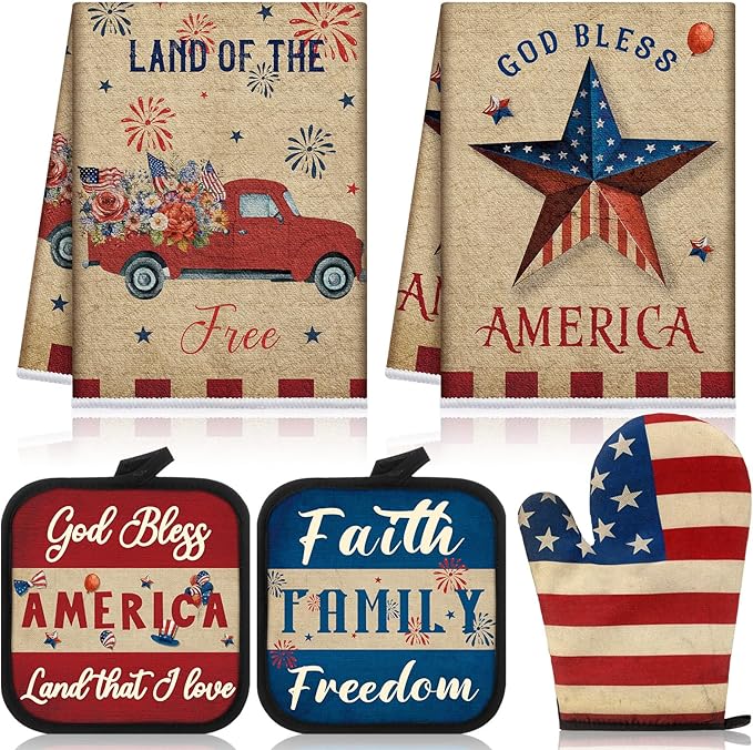 Peryiter 5 Pcs 4th of July Kitchen Towels Pot Holders and Oven Mitt Set Patriotic Retro 2 Dish Towels 2 Square Potholders 1 Heat Resistant Glove for Cooking Baking Gifting Home (Patriotic)