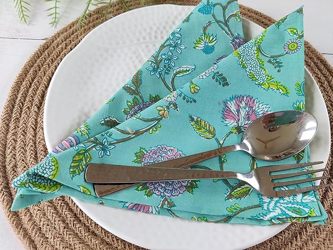 Craftbot Soft Washable Thin Cotton Dinner Napkins 18x18 inches - Set of 6 - Everyday Use or Dinner Party and Events - Sea Green and Turquoise and Yellow Floral Lightweight Indian Block Print Fabric