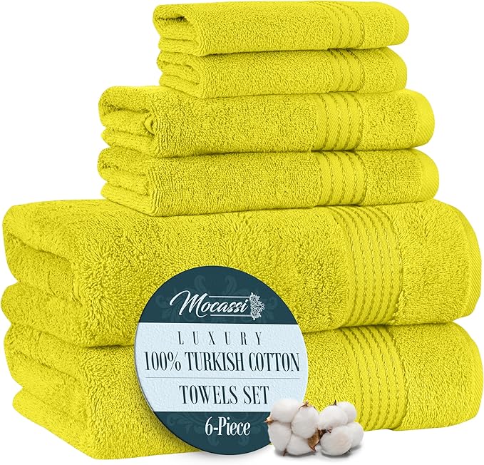 Mocassi Luxury 100% Turkish Cotton 6-Piece Towel Set - Ultra Soft, Quick Dry Highly Absorbent Premium Spa Hotel Quality Bath Towels, Includes 2 Bath Towels, 2 Hand Towels and 2 Washcloths, Yellow