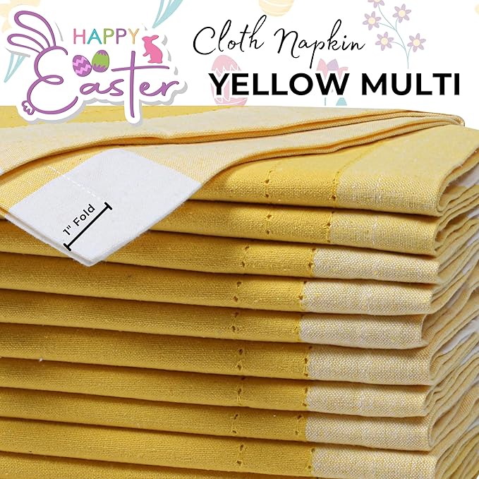 Bedding Craft Cotton Cloth Napkins Set of 12 – 20x20 Yellow Multi Double Hemstitched – Machine Washable Fabric Dinner Napkins for Weddings, Parties & Table Settings