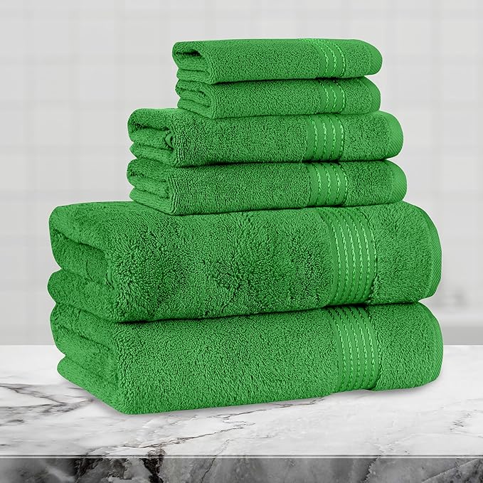 Mocassi Luxury 100% Turkish Cotton 6-Piece Towel Set -Ultra Soft, Quick Dry Highly Absorbent Premium Spa Hotel Quality Bath Towels,Includes 2 Bath Towels, 2 Hand Towels and 2 Washcloths, Emerald Green