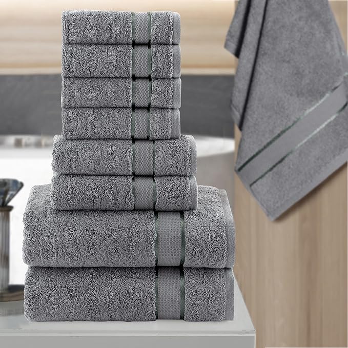 Elegant Comfort Premium Cotton 8-Piece Towel Set, Includes 4 Washcloths, 2 Hand Towels and 2 Bath Towels, 100% Turkish Cotton - Highly Absorbent and Super Soft Towels for Bathroom, Grey