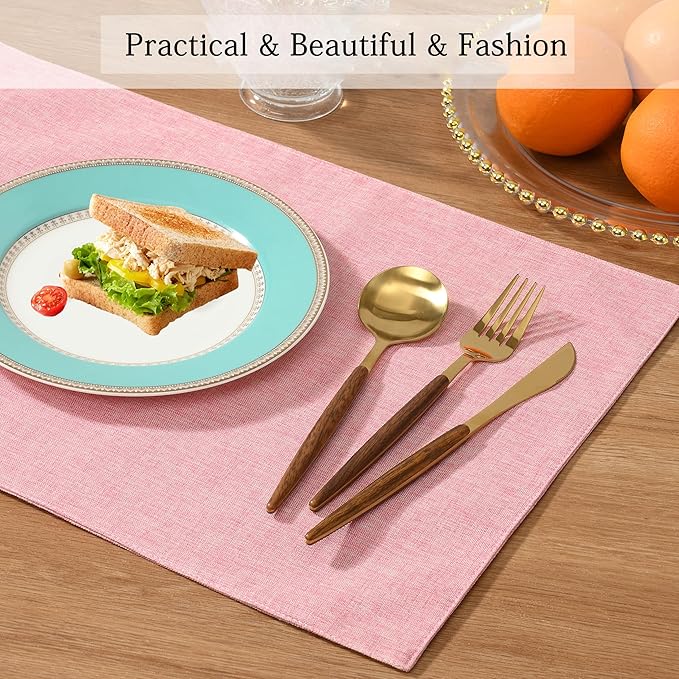 UnivoColors Set of 6 Faux Linen Placemats, Heat-Resistant & Easy-to-Clean,13"x19"for Dining Table, Kitchen, Holiday Meals (Pink)