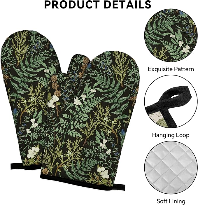 Botanical Print Floral Oven Mitts and Pot Holders Sets Black Sage Green Leaves Kitchen Oven Gloves Hot Pads Farmhouse Potholders and Kitchen Mitts 4Pcs for Baking Cooking BBQ (Black)