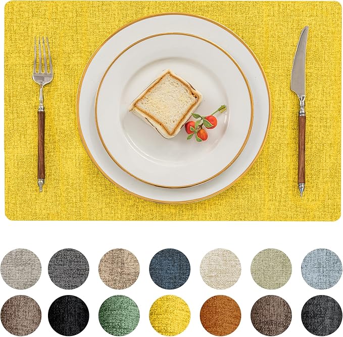 Romanstile Vinyl Placemats Set of 12-12 X 17 Inch - Faux Leather 100% Waterproof Oil-Proof Wipeable Place Mats, Heat Resistant Reversible PU Table Mats for Kitchen Dining Party Outdoor, Yellow