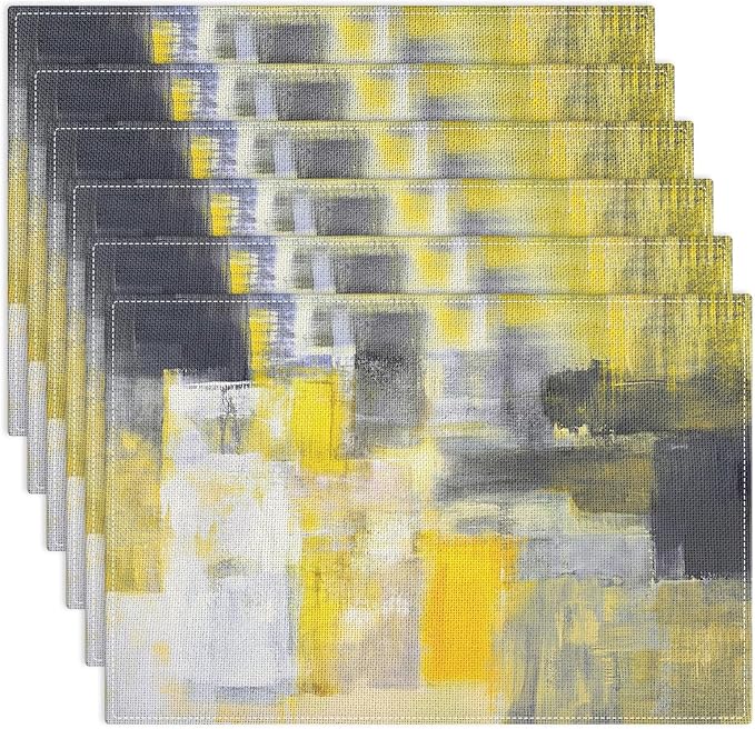 Emvency Farmhouse Placemats Set of 6, Abstract Modern Yellow Grey Geometric 12x18 Inch Linen Rectangular Place Table Mats for Indoors & Outdoor Home Party Kitchen Dining Decoration
