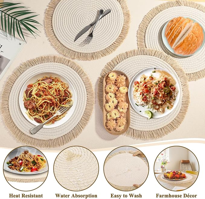 Round Placemats Set of 4 Table Mats 13Inch Washable Cotton Heat Resistant for Dining Table Decor, Farmhouse Thick Rustic Kitchen Placemats Non-Slip Hand Woven Boho Placemats for Thanksgiving Christmas