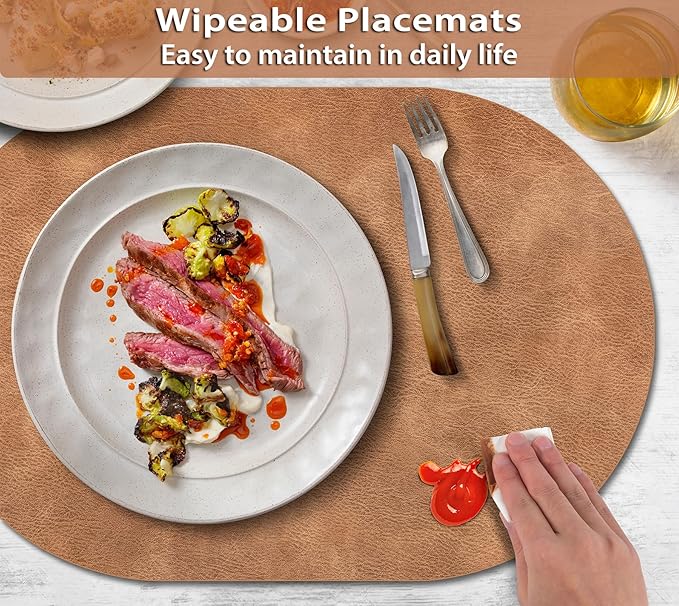 ADRIMER Placemats, Heat Resistant Oval Placemats Set of 4 Washable 12 x 17 Inch, Waterproof Table Mats, Wipeable Pu Place Mats for Kitchen, Dining Room, Sandy Light Brown