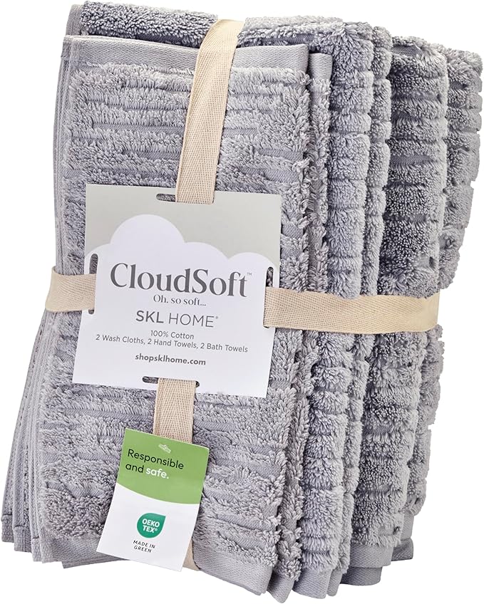 SKL Home CloudSoft 100% Cotton Luxury 6-Piece Towel Set, 600 GSM, Ultra Plush & Absorbent - 2 Bath Towels, 2 Hand Towels, 2 Washcloths, Gray