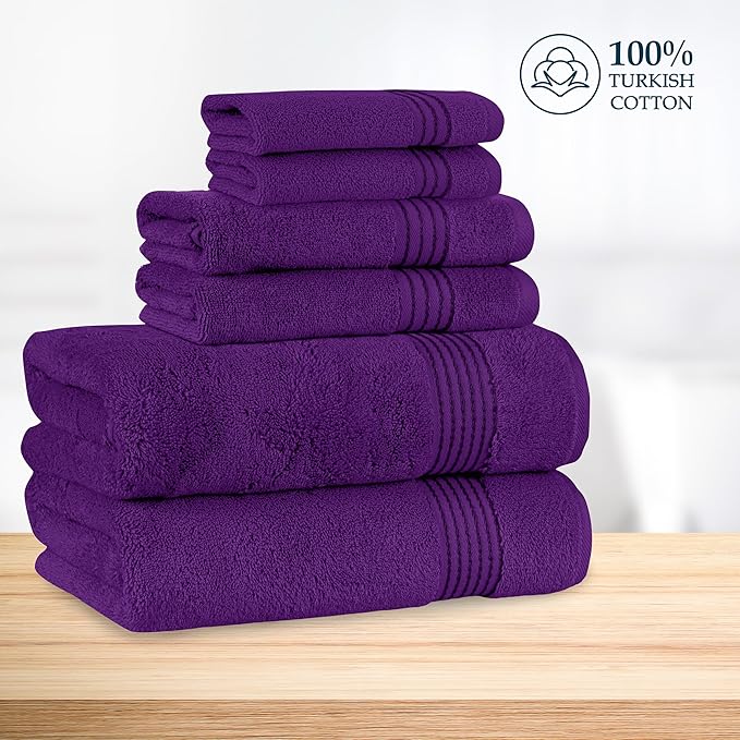 Mocassi Luxury 100% Turkish Cotton 6-Piece Towel Set - Ultra Soft, Quick Dry Highly Absorbent Premium Spa Hotel Quality Bath Towels, Includes 2 Bath Towels, 2 Hand Towels and 2 Washcloths, Purple