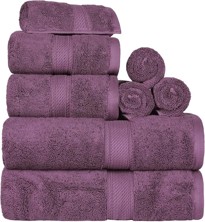 SUPERIOR Egyptian Cotton Pile 8 Piece Towel Set, Includes 2 Bath, 2 Hand, 4 Face Towels/Washcloths, Ultra Soft Luxury Towels, Thick Plush Essentials, Guest Bath, Spa, Hotel Bathroom, Plum