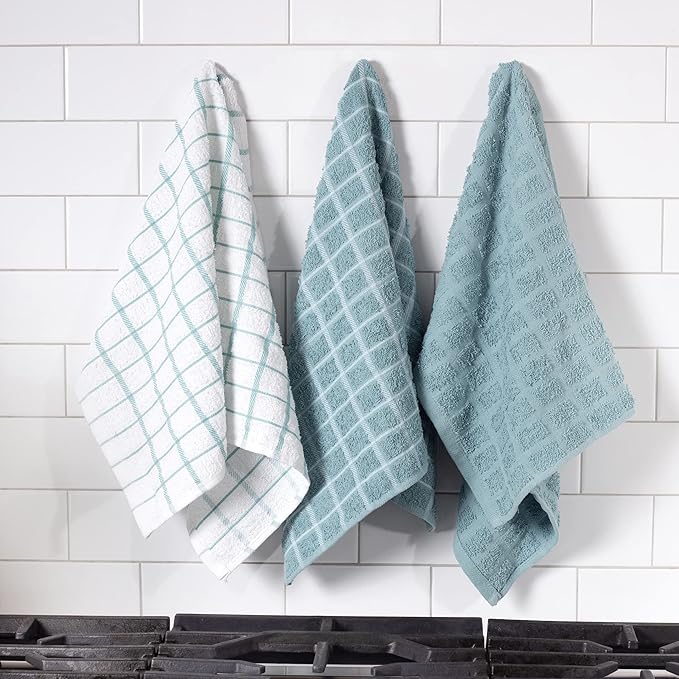 Ritz Premium 100% Cotton Terry Check Kitchen Dish Towels - Highly Absorbent, Super Soft, Long-Lasting, 25"x15", 3-Pack, Dew