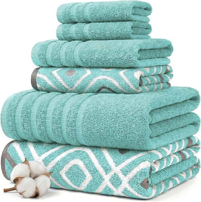 Modern Threads Classic Diamond 6-Piece 100% Cotton Towel Set – Yarn Dyed Jacquard – Includes 2 Bath Towels, 2 Hand Towels, 2 Washcloths – Absorbent, Quick Dry, Soft & Durable – Aqua