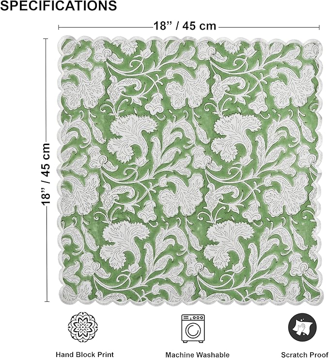 Ridhi Hand Block Print Sage Green 18" x 18" (Set of 4) Embroidery Table Napkins Reusable Cotton Dinner Napkins for Weddings, Parties, Everyday Dining Gift for Spring, Easter, Valentine
