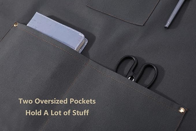 AFUN Chef Aprons for Women Men with Oversized Pockets, 12-Ounce Cotton Canvas Cross Back Water Repellent Apron (Grey)