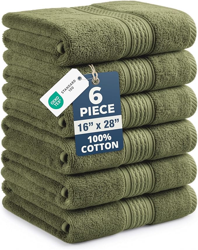 LANE LINEN Bath Hand Towels for Bathroom - 6 Pack (16" x 28"), 100% Cotton Hand & Face Towels Set - Soft, Prevent Fraying & Machine Washable - Everyday Family Towel, Gets Softer Each Wash - Oil Green
