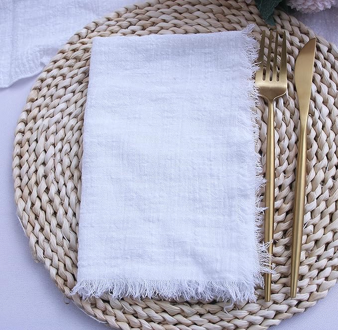 Cloth Napkins with Fringe Set of 12,100% Natural Soft Cotton,Washable Gauze Napkins Great for Weddings Decorative,Dinner Parties,Family Everyday Use (12 Pack, White)