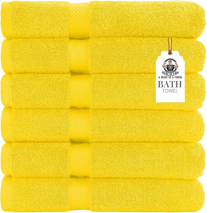 HERCULEAN Premium Bath Towels 24 x 48 Pack of 6 | Quick Dry and Highly Absorbent | 100% Cotton Terry Towels for Bathroom - Perfect for Shower - Pool and Spa - Luxury Soft Towels - Lemon Yellow