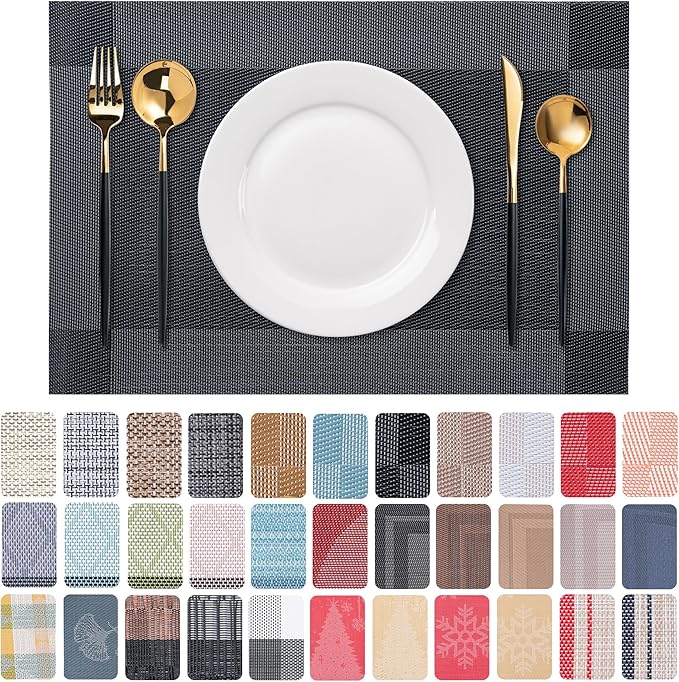 CADONO Placemats Set of 6 Washable Indoor/Outdoor Vinyl Place Mats for Dining Table Durable Non-Slip Heat Resistant PVC Weave Table Mats（Four-Corner-Black）