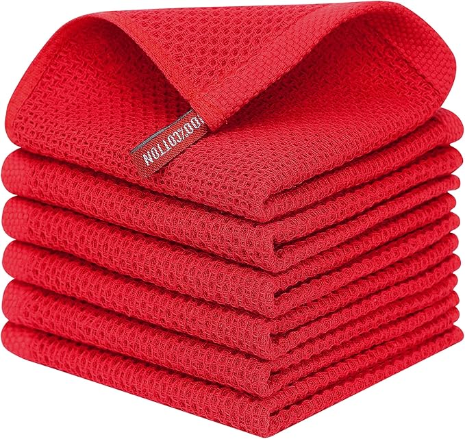 Kitinjoy 100% Cotton Kitchen Dish Cloths, 6 Pack Waffle Weave Ultra Soft Absorbent Dish Towels for Drying Dishes Quick Drying Kitchen Towels Dish Rags, 12 X 12 Inches, Red