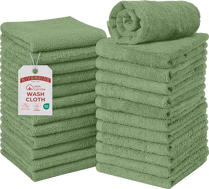 RIVERSIDE Pack of 24 Wash Cloths for Showering, 12 x 12 Inches, Super Soft & Absorbent, 100% Cotton Washcloths Premium Quality Flannel Face Cloths for Bathroom, Gym, Spa (Sage Green, 24 Pack)