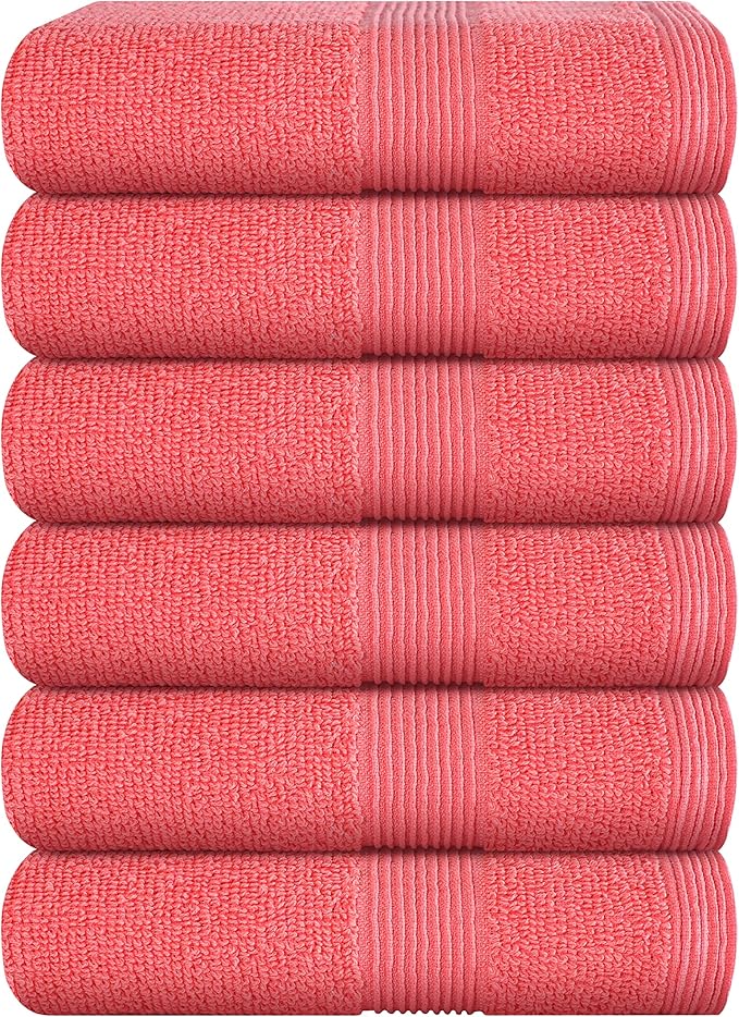 Belizzi Home Ultra Soft 6-Piece Hand Towel Set 16x28-100% Ringspun Cotton - Durable & Highly Absorbent Hand Towels - Ideal for use in Bathroom, Kitchen, Gym, Spa & General Cleaning - Coral Orange