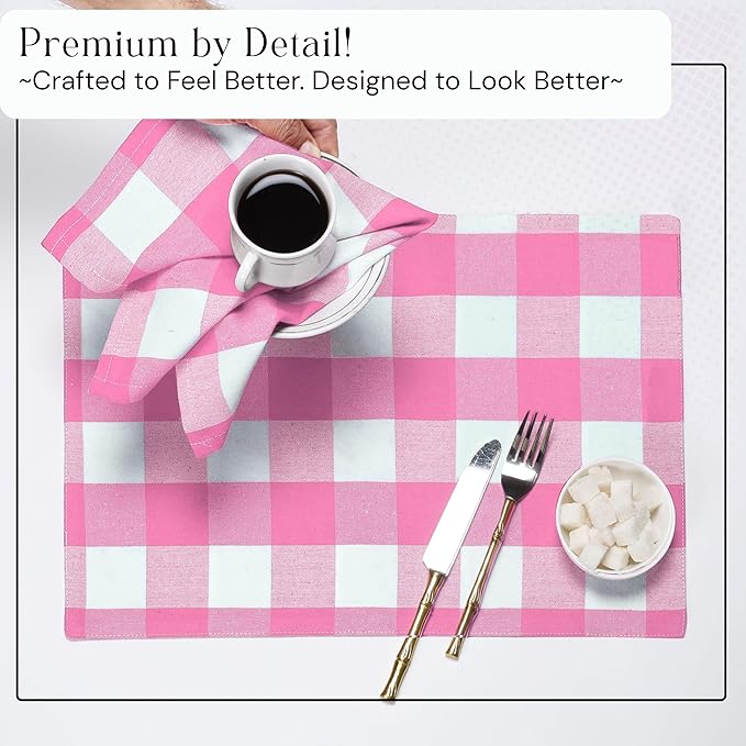 Pink Buffalo Plaid Cloth Napkins 4 Pack, 16x16 Inches, 100% Cotton, Soft, Durable Fabric, Washable Checked Table Linen for Easter Brunch, Spring Parties, Dining, Rose Pink and White