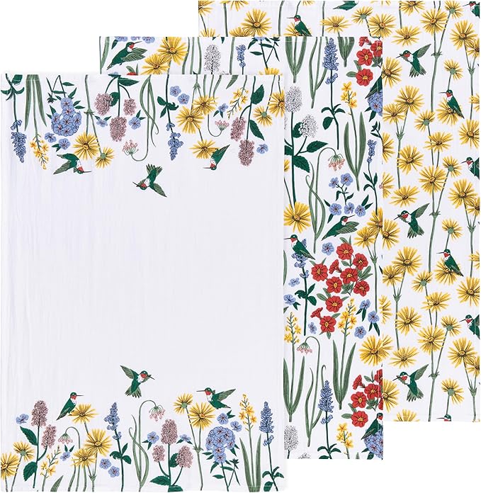 Now Designs Hummingbird Collection Floursack Dishtowel Set of 3, Extra-Large 20x30in, 100% Cotton Kitchen Linens