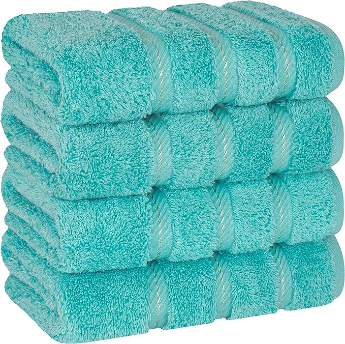American Soft Linen Luxury Hand Towels for Bathroom, 600 GSM Heawy Weight 16x28 Size 100% Cotton Turkish 4 Piece Hand Face Towel Set, Turquoise Blue Hand Towels
