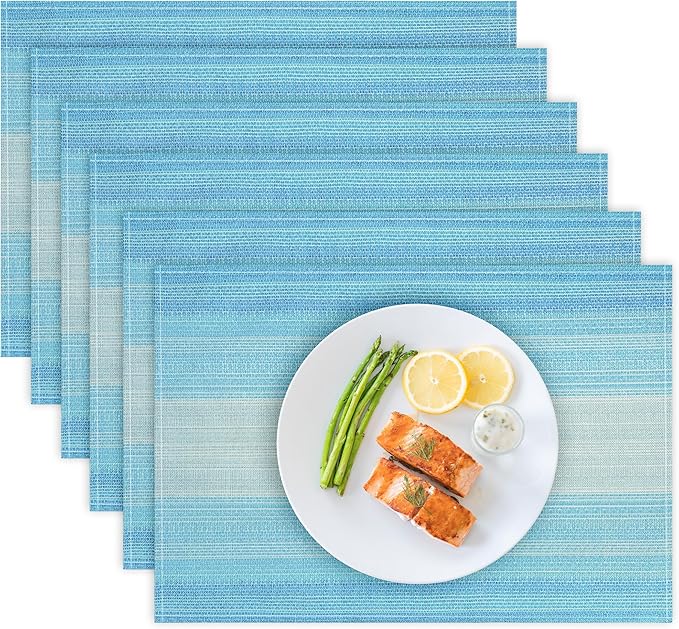 Bloss Blue Placemats Set of 6, Linen Woven Place Mats for Kitchen Table Indoor/Outdoor, 12" x 18" Washable Gradient Blue Placemat Dining Table Mats