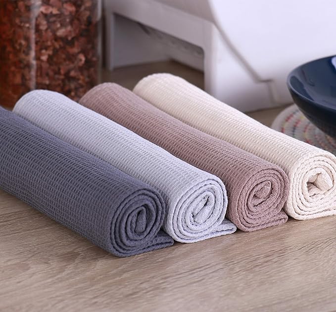 PY HOME & SPORTS Dish Towels Set, 100% Cotton Waffle Weave Kitchen Towels 4 Pieces, Super Absorbent Kitchen Hand Dish Cloths for Drying and Cleaning (17 x 25 Inches, Set of 4)