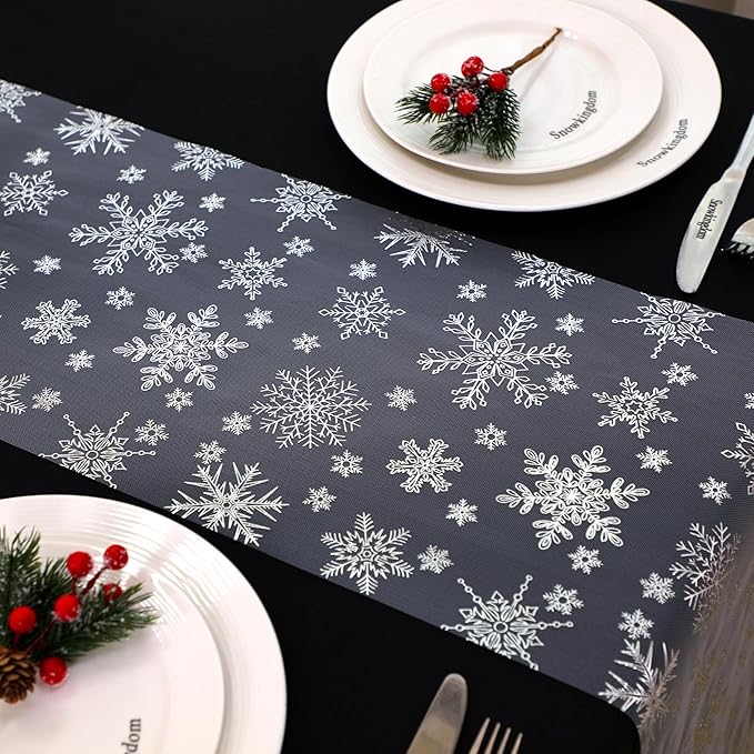 Snowkingdom 2 Pcs Christmas Snowflake Silver Table Runner, 108 Inch Sparkly Silver Glitter Metallic Foil Runners Decorations for Seasonal Winter Festival Holiday Home Party