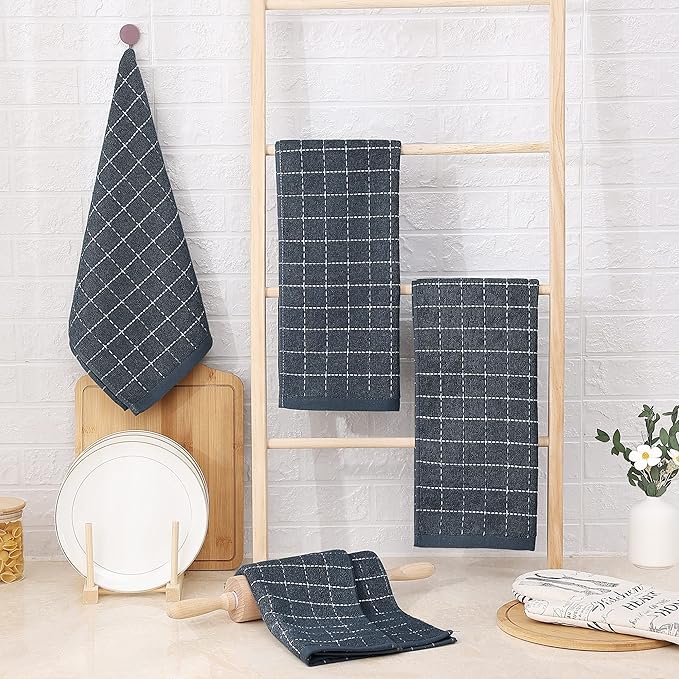 Homaxy 100% Cotton Terry Kitchen Towels(Dark Grey, 13 x 28 inches), Checkered Designed, Soft and Super Absorbent Dish Towels, 5 Pack
