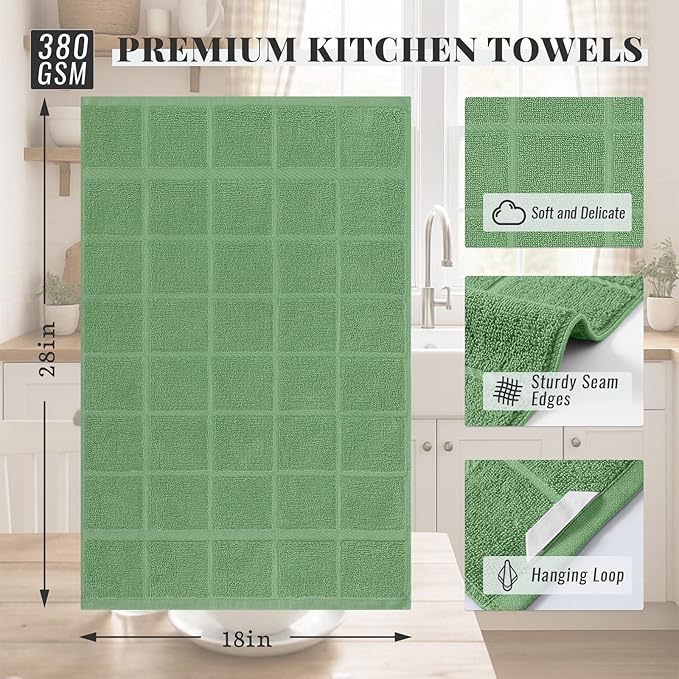 Homaxy Premium Kitchen Towels 18"x28", 6 Pack Large Cotton 380 GSM Dish Towels, Soft and Absorbent Kitchen Hand Towels with Terry Grid Design, Utility Tea Towel Set with Hanging Loop, Grass Green
