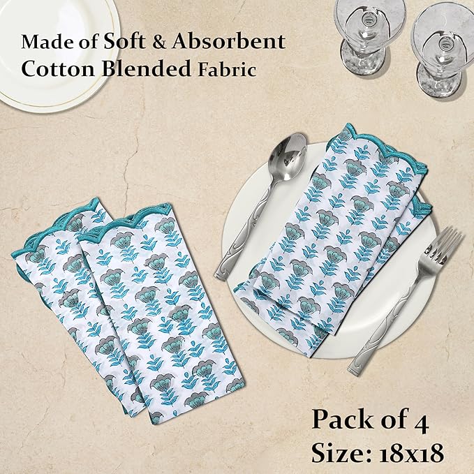 Ridhi Hand Block Print Aquamarine Blue 18" x 18" (Set of 4) Embroidery Table Napkins Reusable Cotton Dinner Napkins for Weddings, Parties, Everyday Dining Gift for Spring, Easter, Valentine