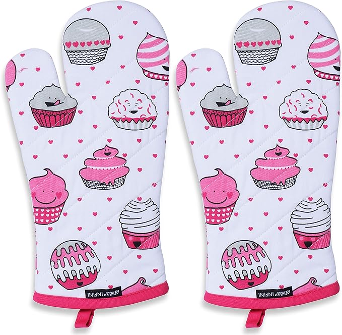 AMOUR INFINI Oven Mitts Set of 1 Quilted Liner with Hanging Loop Non Slip, Heat Resistant, Washable Reusable Oven Mitt (Valentine Cup Cake 7x13 Inches)
