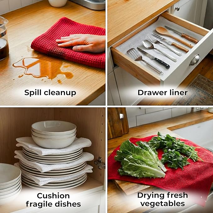 Highly Absorbent Cotton Dish Towels for Drying - Set of 3+3 - Red + White Kitchen Towels - 18"X28" Lint Free Waffle Weave Cloth Linen Hand Bathroom Bulk Dishtowels