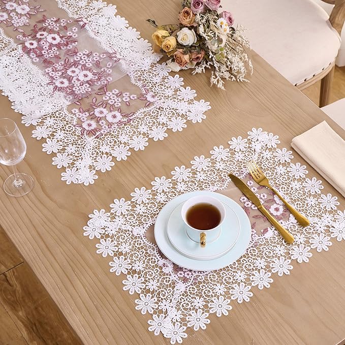 White Dark Red Silver Floral Lace Placemats 14”x20” Set of 2, Table Topper Dresser Scarf Place Mats (Set of 2, White & Dark Red)
