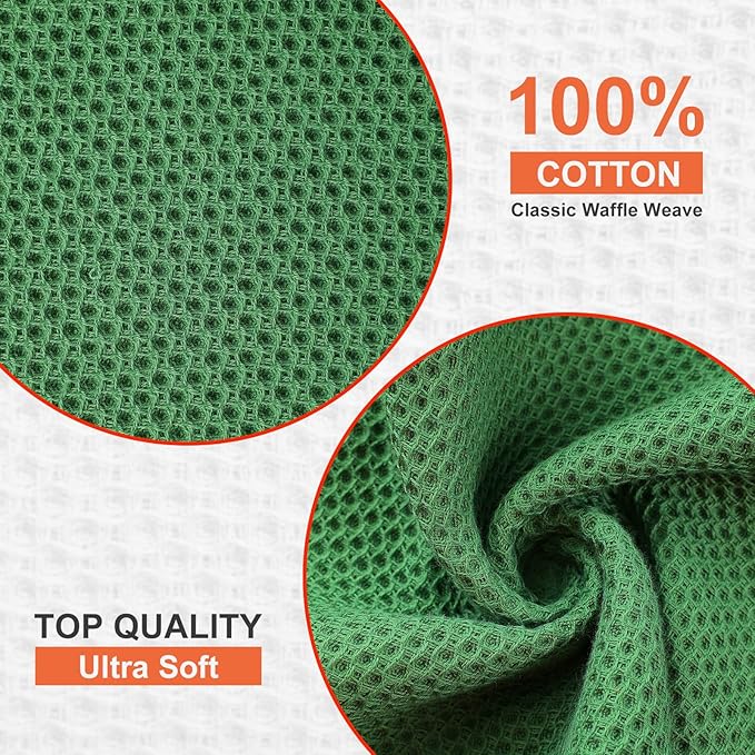 Kitinjoy 100% Cotton Kitchen Dish Cloths (12 X 12 Inches, Grass Green), 6 Pack Waffle Weave Ultra Soft Absorbent Dish Towels for Drying Dishes Quick Drying Kitchen Towels Dish Rags