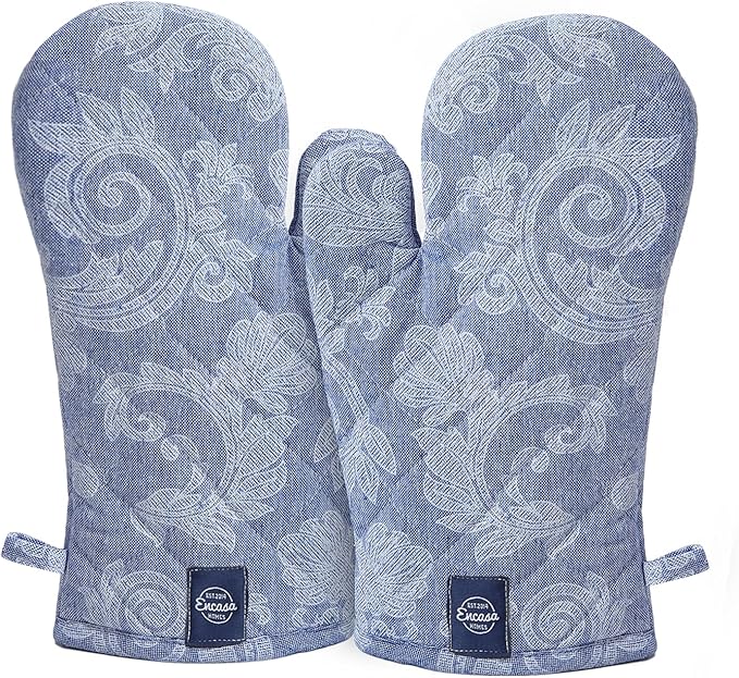 Encasa XO Oven Gloves Heat Resistant | Microwave Cooking Mittens for Baking & Kitchen Use | 12x7 in | Cotton Utensil Holder - Chambray Fabric (Pack of 2, Blue)