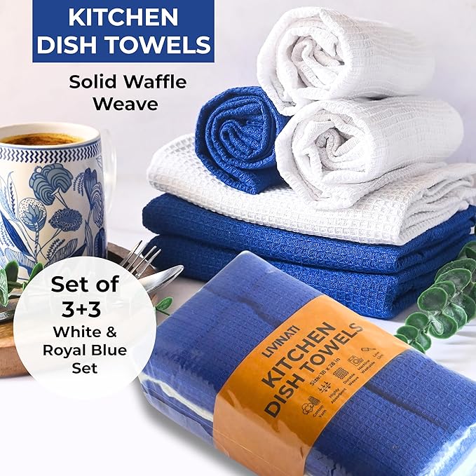 Highly Absorbent Cotton Dish Towels for Drying - Set of 3+3 - Royal Blue + White Kitchen Towels - 18"X28" Lint Free Waffle Weave Cloth Linen Hand Bathroom Bulk Dishtowels
