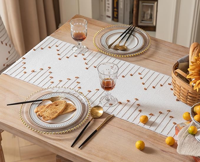 Boho Table Runner 13 x 90 Inch Long Natural Cotton Woven Runner with Tassels for Home Dining Table décor, for Modern Farmhouse Decor Coffee Table Runner, Brown and Beige