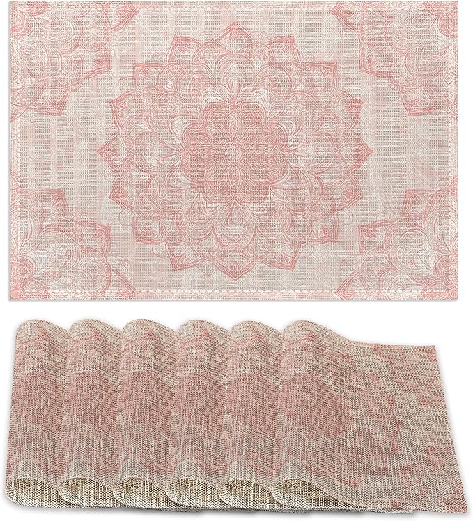 Pink Mandala Placemats Set of 6,Boho Flower Waterproof Non-Slip Washable Table Mats for Kitchen Dining Holiday Party Wedding Decor 12x18 Inch