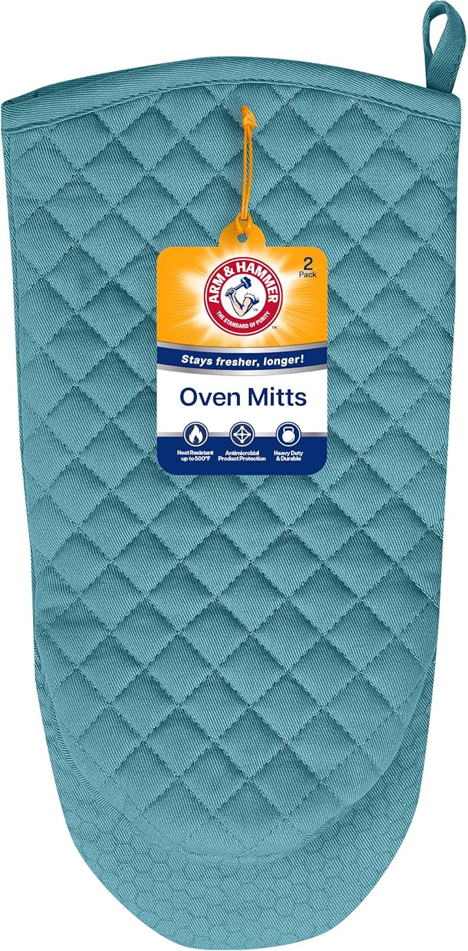 Arm & Hammer Quilted Oven Mitts, Heat Resistant, Non-Slip Silicone Grip, 2 Pack, Teal