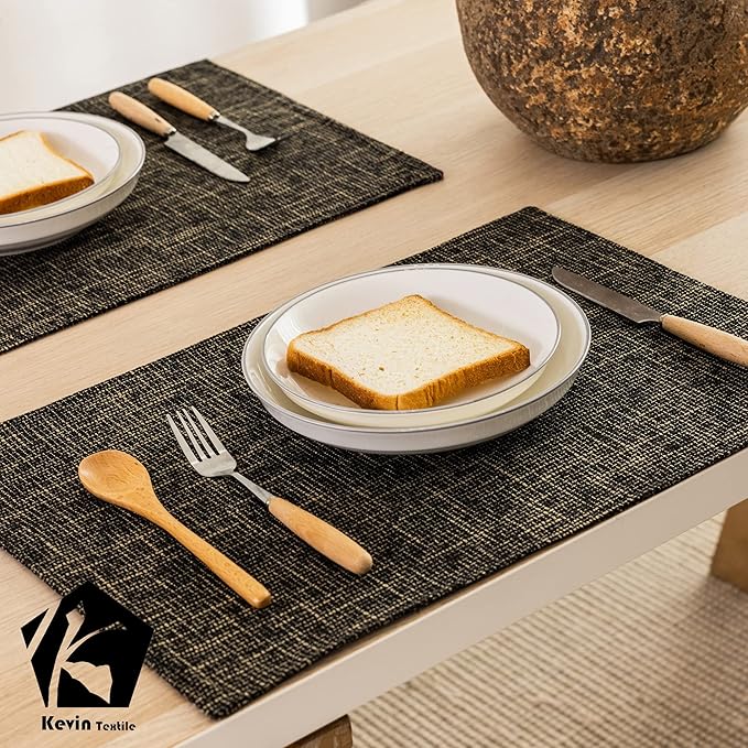 Kevin Textile Burlap Linen Placemats Set of 6 Heat Resistant Dining Table Place Mats Washable Kitchen Table Mats for Dinning Party Holiday Indoor Outdoor, 13 x19 inches, Black Gold